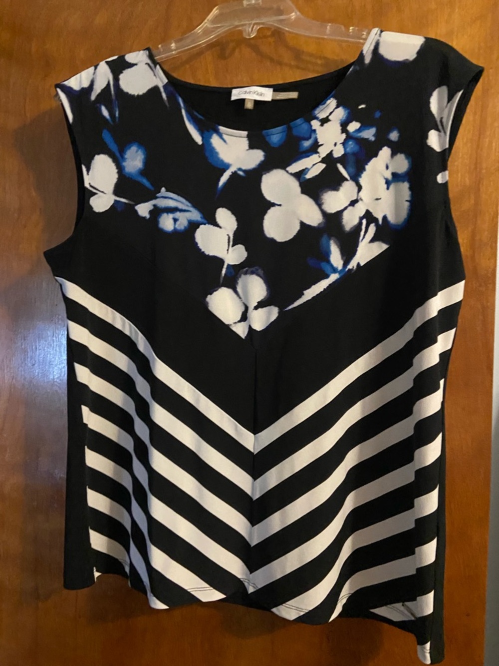 Calvin Klein Black White & Blue Floral Stripe Sleeveless Top